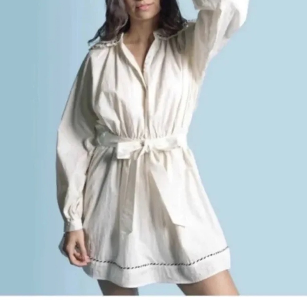 The Shirt Rochelle Behrens Ivory Swiss Dot Shirt Dress Tie Waist Sz XS